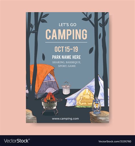 Camping poster design with tent pot grill stove Vector Image