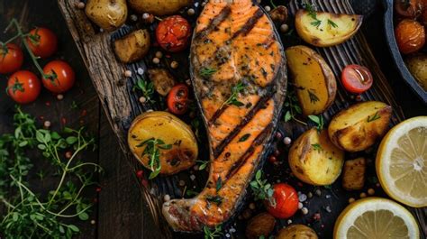 Premium Photo | Fried salmon steak with potatoes and vegetables on ...