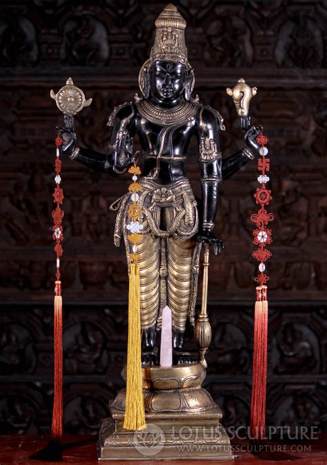 SOLD Tall Black & Gold Brass Standing Vishnu Statue with Club, Conch ...