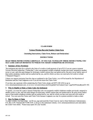 Fillable Online CLAIM FORM Verizon Wireless Recycled Number Claim Form ...