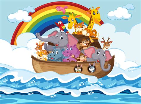 Animals on Noah's ark floating in the ocean scene 2211563 Vector Art at ...