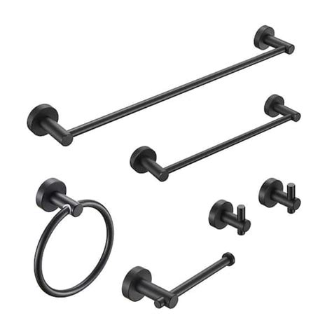 6-Piece Aluminum Bathroom Towel Rack Wall-Mounted Bath Accessory Type in Matte Black jinxBTbar24 ...