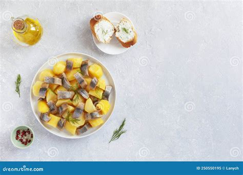 Smoked Hering and Potato Cold Salad Served with Soft Cheese Toasts Stock Image - Image of dill ...