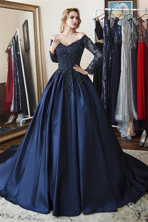 Ball Gown Long Sleeves Off Shoulder Beaded Navy Blue Quinceanera Dress in 2021 | Prom dresses ...