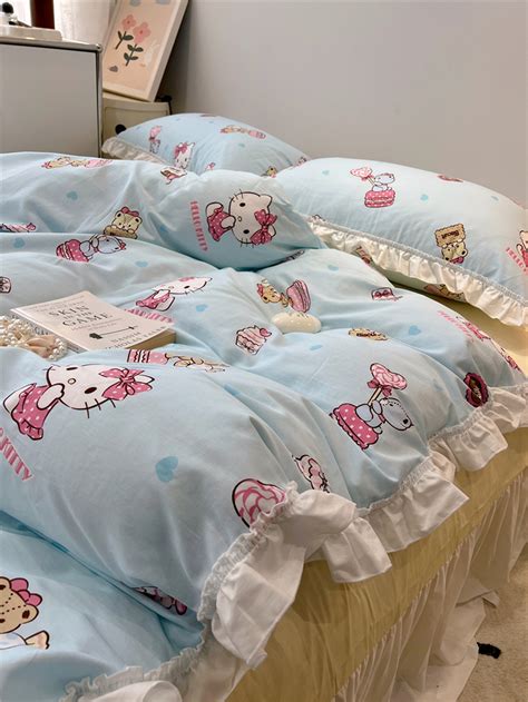 Cute Cartoon Cat Cotton Duvet Cover Set Bedding Set, Pink Blue Kitten Ruffle 3pcs 4pcs Twin Full ...