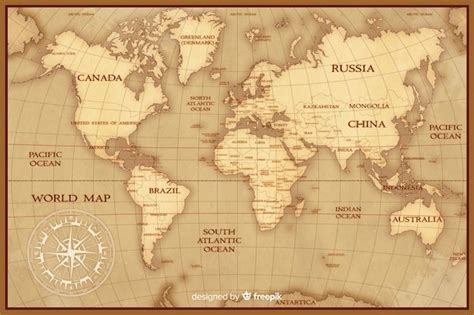 an old world map with the names of countries and major cities in brown on parchment paper