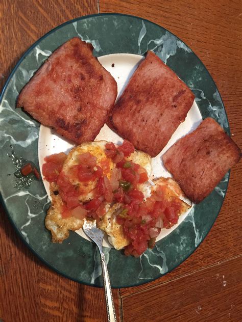 Fried spam and eggs topped with salsa brought to you by my day off ...