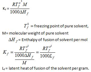 Cryoscopic constant is related to enthalpy of fusion, molar mass and freezing point of the ...