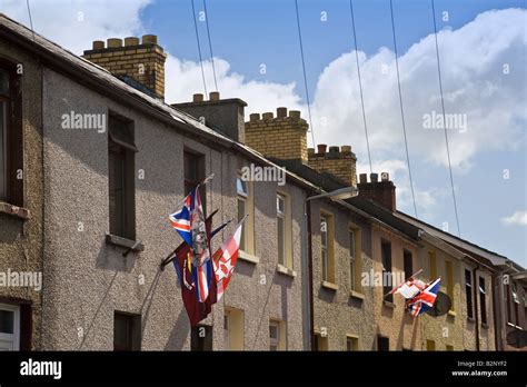 Unionist flags fly from windows of terraced houses in the Waterside district of Londonderry ...