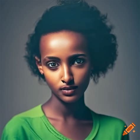 Portrait of a ethiopian female supermodel in green yellow t-shirt on Craiyon