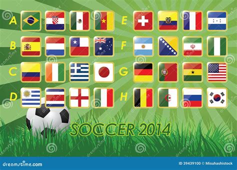 National Team Flags for Soccer 2014 on Grass Background and Soccer Ball 32 Nations Editorial ...