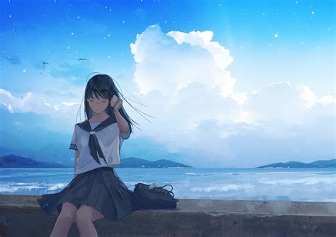 Download Google Anime Girl Sitting Wallpaper | Wallpapers.com