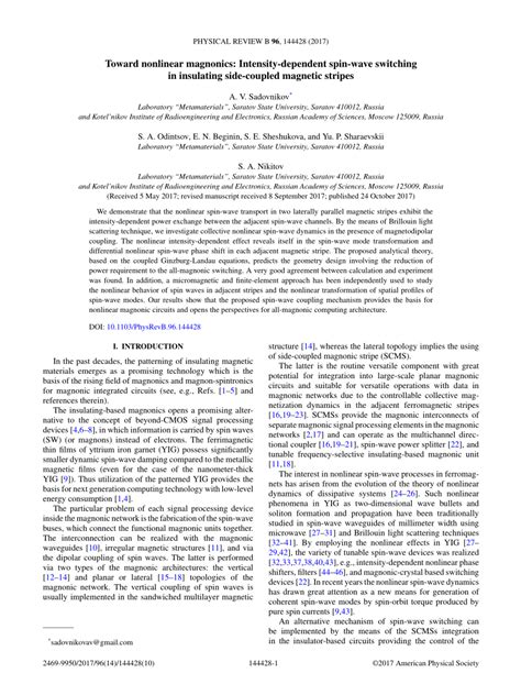 (PDF) Toward nonlinear magnonics: Intensity-dependent spin-wave ...