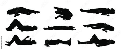 Obraz Unconscious man with injury lying down vector silhouette. Traffic accident patient after ...