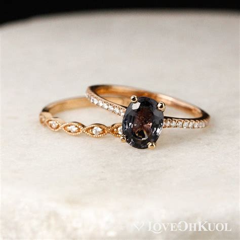 Rose Gold Grey Spinel Engagement Ring Single Diamond Leaf Wedding Band Vintage Inspired, Natural ...