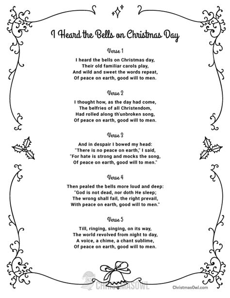 Free Printable Lyrics for I Heard the Bells on Christmas Day