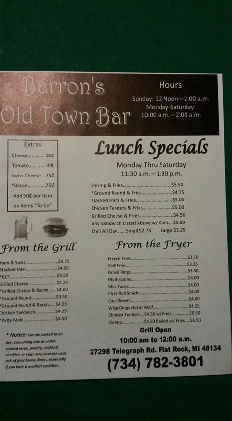 Menu at Old Town Bar, Flat Rock