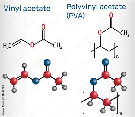 Polyvinyl acetate (PVA) polymer and vinyl acetate monomer molecule ...