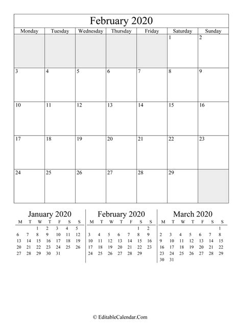 Editable Calendar February 2020