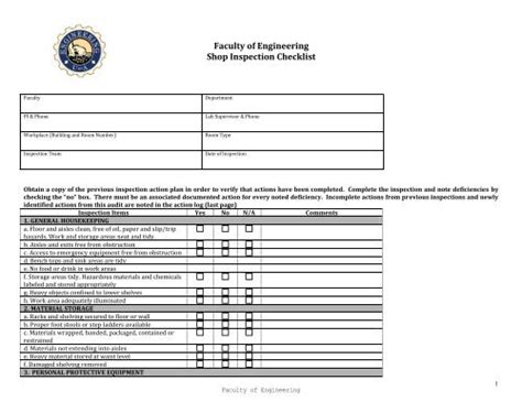 Shop Inspection Checklist - Engineering Health & Safety