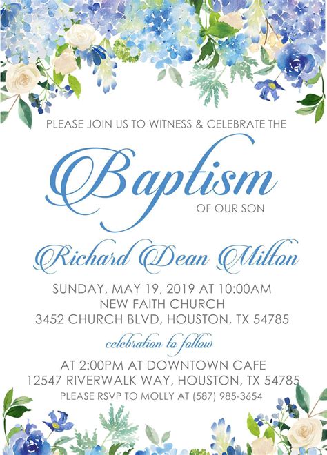 Blue Floral Baptism Invitations — Party Beautifully