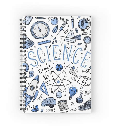 a spiral notebook with the words science written in blue and white surrounded by doodles