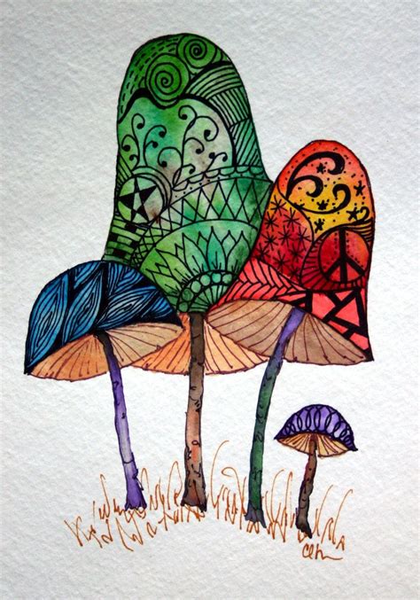 Zentangle art, original art, hand painted watercolor, mushrooms, handpainted artwork, zentangle ...