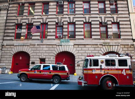 New York Fire Department station with fire trucks and fire engine Stock ...