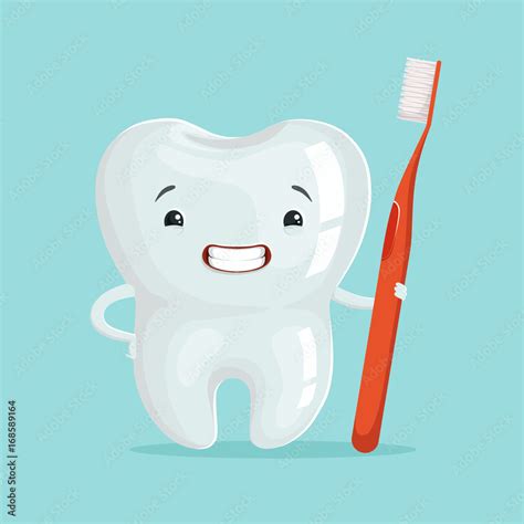 Cute healthy white cartoon tooth character with red toothbrush ...