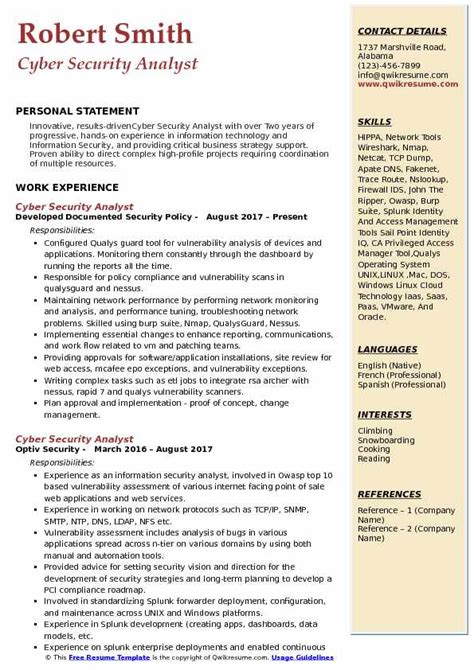 Cyber Security Analyst Resume Samples | QwikResume