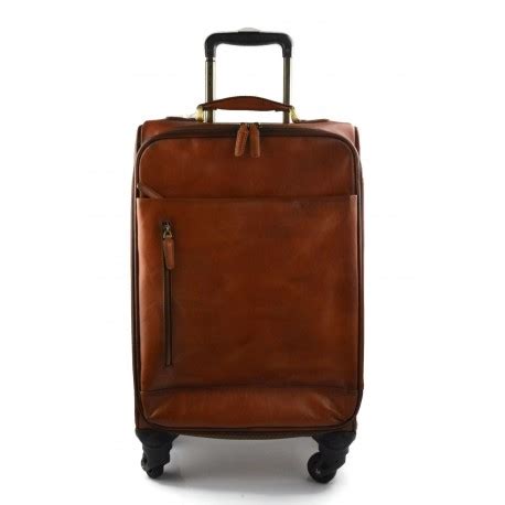 Leather luggage trolley brown travel suitcase 4 wheels leather bag