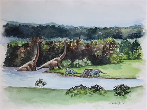 Watercolor Print. / Dinosaur Park, Jurassic painting/ They do move in ...