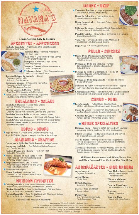 Menu Havanas restaurant Cooper City