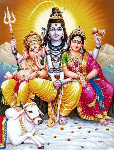 Shiva, Parvati, Ganesha with Nandi - Poster - 11 x 9 inches - Unframed