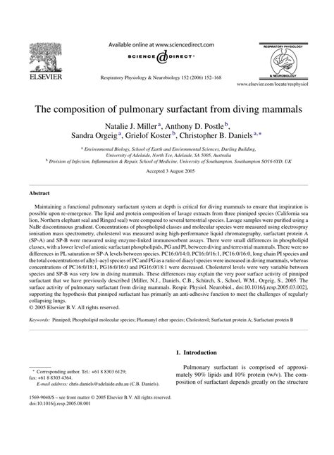 (PDF) The composition of pulmonary surfactant from diving mammals. Respir Physiol Neurobiol 152 ...