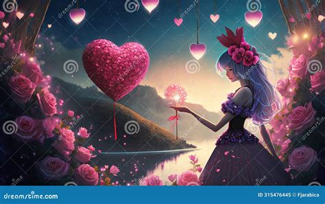 Illustrated Fantasy Animated Young Girl with Heart Around Stock Illustration - Illustration of ...