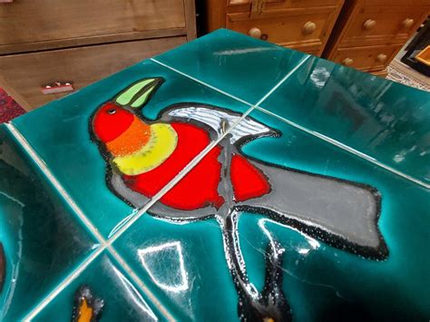 Mid Century Tile Top Coffee Table Metal Base Bright Colours Bird Parrot ...