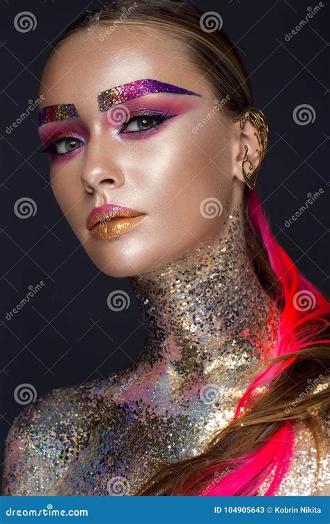 Beautiful Girl with Creative Glitter Makeup, Sparkles, Unusual Eyebrows. Beauty is an Art Face ...