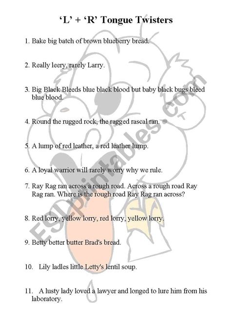 L & R Tongue Twisters - ESL worksheet by Scottv