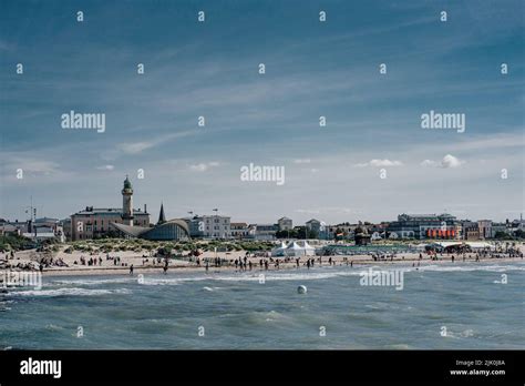 An aerial view of a lighthouse at a beautiful beach in Rostock-Warnemunde Stock Photo - Alamy