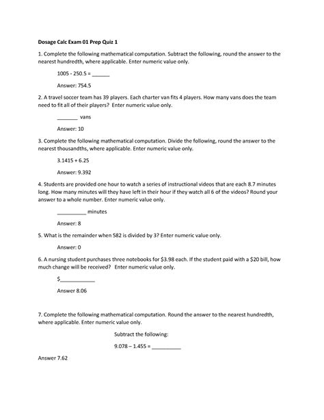 Dosage Calculation Exam 01 Prep Quiz 1 - Dosage Calc Exam 01 Prep Quiz 1 Complete the following ...