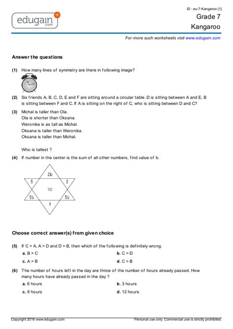 Grade 7 - Math Kangaroo | Preparation, Online Practice, Questions, Tests, Worksheets, Quizzes ...