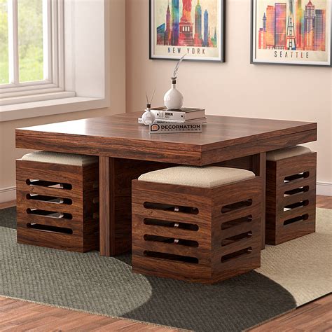 Edinburgh Solid Wood Coffee Table with 4 Cubical Stools - Natural ...