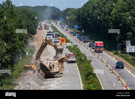 HIghway construction work. A52 German Autobahn, highway. Bridge construction, renovation of an ...