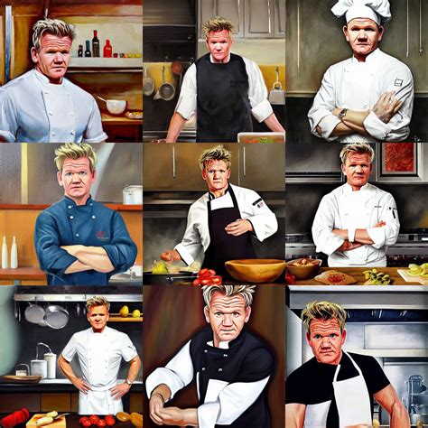 Gordon Ramsay wearing a chef uniform in a kitchen, oil | Stable Diffusion