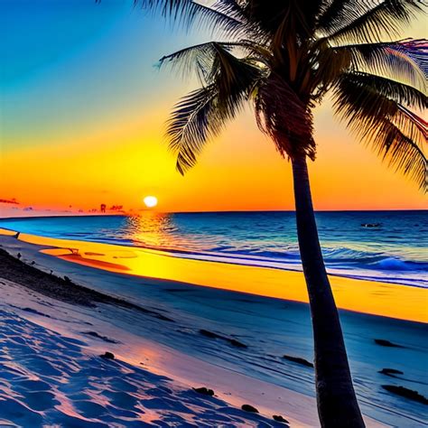 Premium AI Image | HD Serene Beachscape at Sunset with Palm Trees Sunset View of a Serene Beach ...