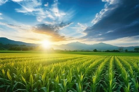 Premium AI Image | Green farm field at evening sunset