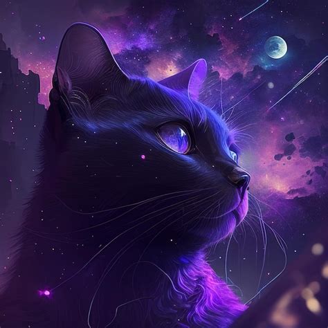 Premium Photo | A black cat with purple eyes and purple clouds in the background.