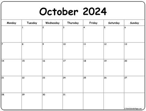 October 2024 Monday Calendar | Monday to Sunday