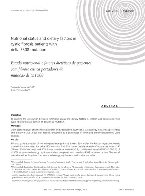 (PDF) Nutrional status and dietary factors in cystic fibrosis patients with delta F508 mutation